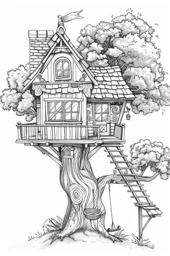 ↑↑↑ Larger size on website 🔸 The image shows a detailed line drawing of a treehouse built into a large tree. The treehouse has a  🔸 From Midjourney AI Image House In The Woods Drawing, Treehouse Drawing, Tree House Art, Dnd House, Tree House Drawing, Fancy Tree, House Outline, Gabled Roof, Building A Treehouse