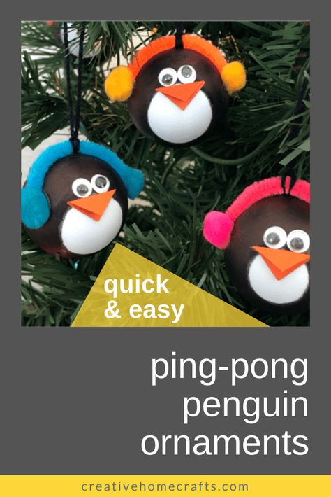 DIY this quick & easy penguin ornament for your Christmas tree with a ping pong ball and a Sharpie. No painting required! Crafts With Ping Pong Balls, Diy Bluey Christmas Ornament, Ping Pong Ball Snowman Ornament, Ping Pong Ball Ornaments, Home Made Xmas Tree Decorations, Ping Pong Crafts, Acrylic Ornaments Diy Kids, Penguin Christmas Decorations Diy, Christmas Penguins Decorations Diy