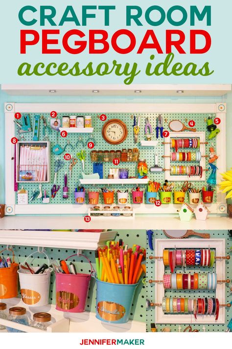 Craft Room Pegboard Accessory Ideas | #craftroom #diy #organization Craft Room Pegboard, Room Pegboard, Pegboard Craft Room, Pegboard Organization, Pegboard Accessories, Dream Craft Room, Craft Room Design, Sewing Room Organization, Accessory Ideas