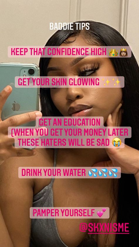 Baddie tips to help you glow up. Selfcare tips for black women. Black woman luxurious. How To Glow Up Black Women, Glow Up Tips Black Women, Baddie Personality, Glow Up Black Women, Tips Clear Skin, How To Become Beautiful, Tips For Black Women, Selfcare Tips, Baddie Vibes