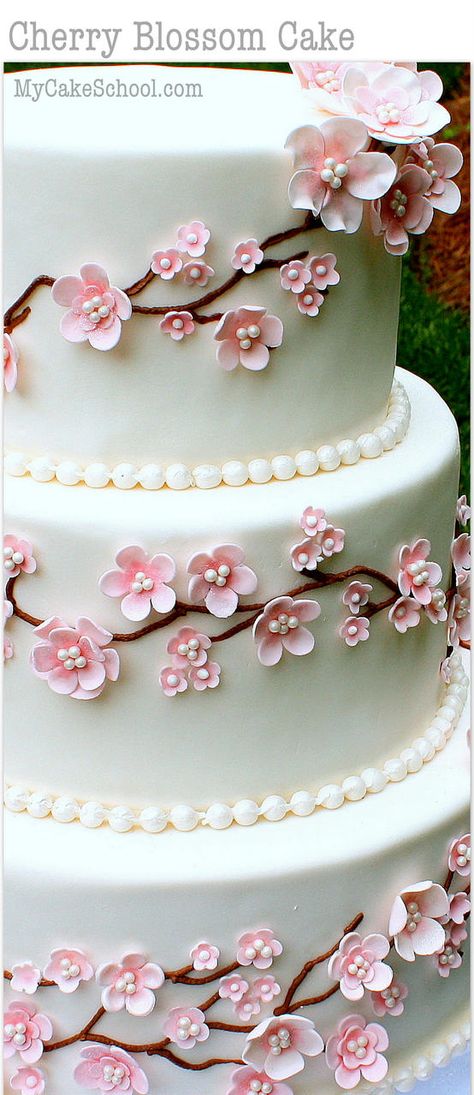 Elegant Cherry Blossom Cake Tutorial! Member Cake Decorating Video Tutorial by MyCakeSchool.com - Online Cake Decorating Tutorials, Videos, & Recipes!                                                                                                                                                      More Cake Design Tutorial, Torte Creative, Cherry Blossom Cake, Blossom Cake, Patisserie Fine, Decoration Patisserie, Torte Cupcake, Decorating Videos, Fondant Flowers