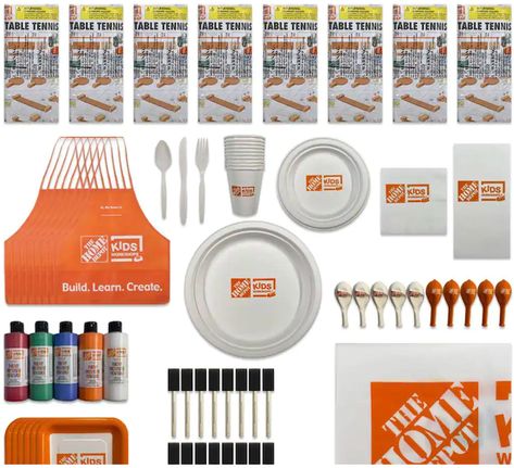 Home Depot Party, Apron Pins, Paint Trays, Raised Deck, Kids Workshop, Mini Table, Party Pack, Large Plates, Themed Birthday Party