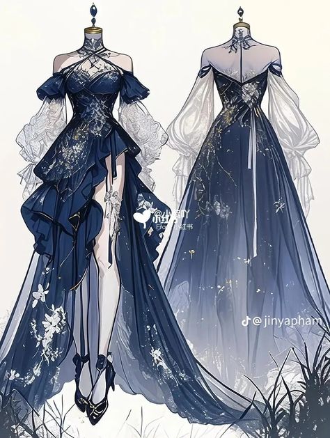 Feminine Drawing Poses, Siren Outfit Drawing, Fantasy Dress Drawing Outfit Ideas, Anime Dress Ideas, Fantasy Dress Design Art, Goddess Dress Drawing, Water Fairy Outfit, Fashion Drawing Dresses Sketches, Outfits To Draw