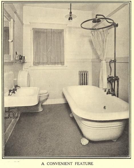 A 1912 Bathroom (called “A convenient feature”!) was indeed a new addition to most homes after 1900. The claw-footed tubs were very comfortable, and the tiled floors and enameled woodwork were planned with a view to sanitary design. A single light bulb with a reflector shade illuminates the room.    The wainscot may have been tile, or a popular feature of dense plaster scored to simulate tile, and then painted with shiny paint. This ‘faux-tile’ finish was found in both kitchens and bathrooms of 1900 Bathroom, Vintage Bathroom Inspiration, Bungalow Bathroom, Arts And Crafts Interiors, Craftsman Bathroom, Old Bathrooms, Faux Tiles, Victorian Bathroom, Vintage Bath