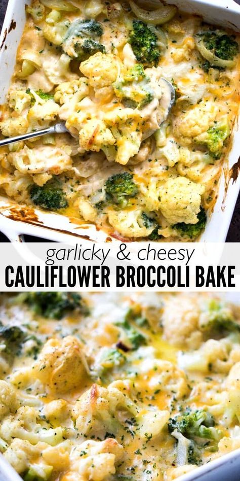 Savory, garlicky, cheesy cauliflower and broccoli bake with just a handful of ingredients required! The perfect comforting side dish for holidays and every day! Cauliflower And Broccoli Casserole, Cauliflower And Broccoli Bake, Broccoli Cauliflower Recipes, Cauliflower And Broccoli, Cauliflower Casserole Recipes, Vegetable Casserole Recipes, Veggie Casserole, Broccoli Bake, Cheesy Cauliflower