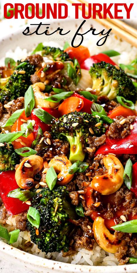 Ground Turkey Stir Fry Recipe - Carlsbad Cravings Ground Turkey Broccoli Stir Fry, Ground Turkey Lunch Recipes, Ginger Stir Fry Sauce, Ground Turkey Stir Fry, Turkey Stir Fry Recipes, Healthy Ground Turkey Recipes, Ginger Stir Fry, Ground Turkey Recipe, Turkey Stir Fry