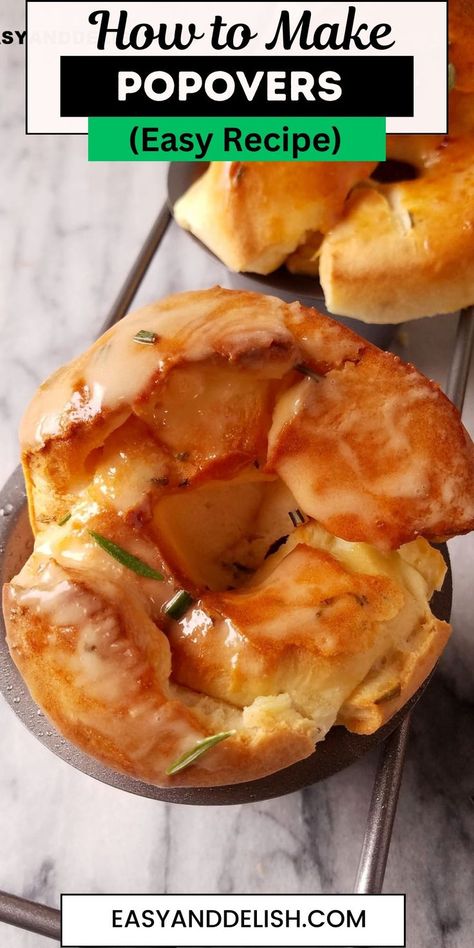 Close up of popovers in a baking tin. Easy Popover Recipe, Popovers Recipes, Brown Rolls, Easy Popovers, Banana Breakfast Recipes, Popover Recipe, Healthy Brunch Recipes, Favorite Breakfast Recipes, Dessert Recipies