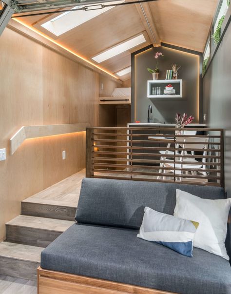 Tiny House on Wheels with a Full-Size Shower: The Orchid THOW by New Frontier Tiny Homes Hideaway Bed, Plywood Interior, Tiny House Talk, House Design Ideas, Construction Ideas, The Orchid, Modern Tiny House, Small Room Design, Contemporary Farmhouse