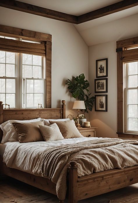 40 Farmhouse Bedroom Ideas for a Cozy Retreat Master Rustic Bedroom Ideas, Warm White Bedroom, Rustic Modern Bedroom, Rustic Farmhouse Bedroom Ideas, Modern Farmhouse Bedding, Farmhouse Bedroom Design, Rustic Wooden Bed, Wooden Bed Frame Rustic, Cozy Farmhouse Bedroom