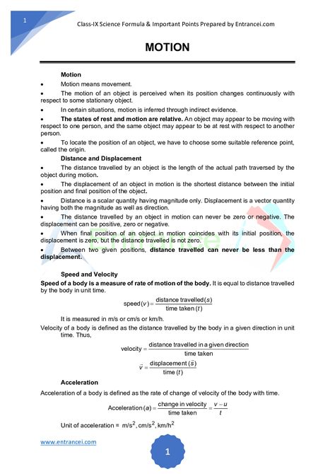 Work And Energy Physics, Motion Notes, Basic Physics Formulas, Physics Worksheets, Class 9 Notes, Teaching Physics, Math Formula Sheet, Notes Physics, Science Diagram