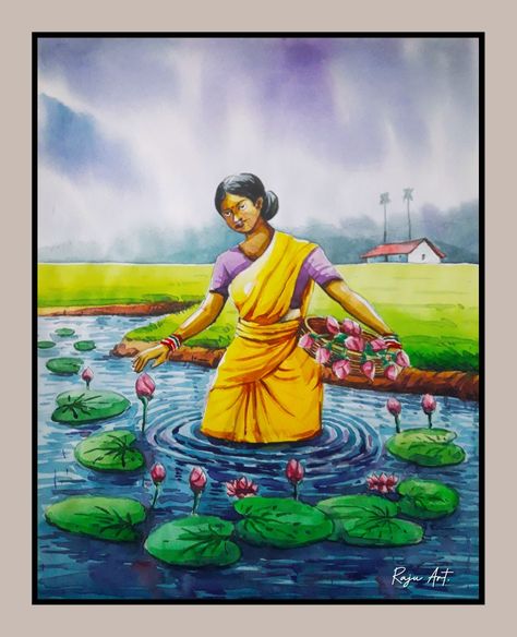 Indian village girl lotus collecting from pond or river. Water colour on paper. The painting is inspired by another artist's work. River Scenery Painting, Lotus Scenery Drawing, River Water Painting, Village Drawing Landscapes Watercolor, Village Life Painting Indian, Village Scene Drawing Water Colour Easy, সিনারি Drawing, Beautiful Village Scenery Drawing, Nature Water Colour Painting