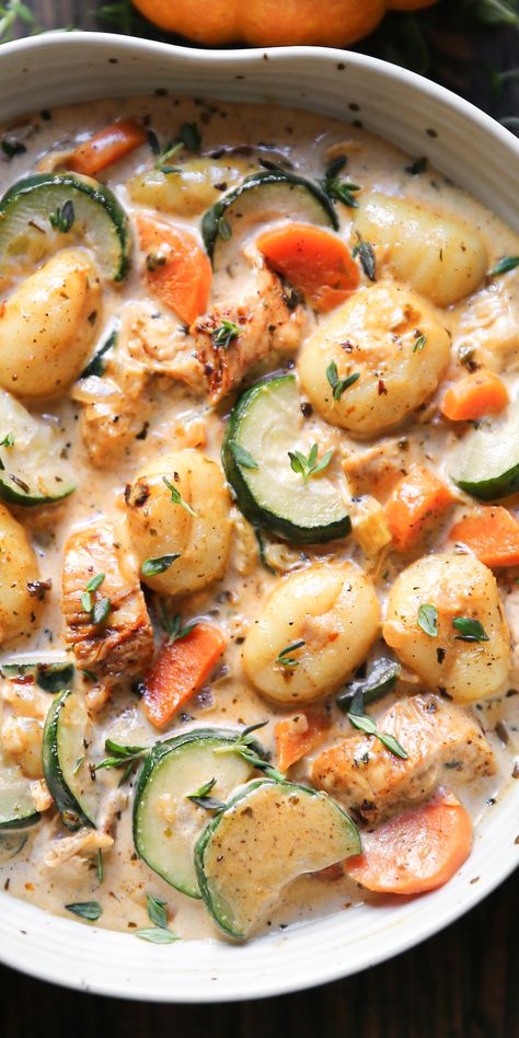 Creamy Chicken Gnocchi Soup with Carrots, Zucchini, Onions, and Garlic - in a white bowl. Creamy Chicken Gnocchi Soup, Creamy Chicken Gnocchi, Soup With Carrots, Dairy Free Soup, Chicken Gnocchi, Zucchini Soup, Pre Cooked Chicken, Chicken Gnocchi Soup, Gnocchi Soup