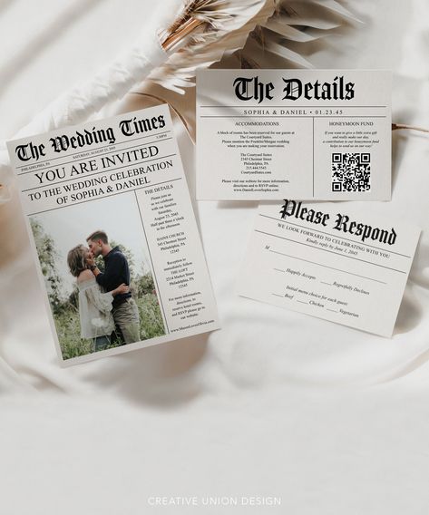 These Newspaper Wedding Invitations are a unique and easy way to invite people to your wedding! Easy to edit and print! PLEASE NOTE: This purchase is for a digital template. No physical item will be shipped. * * * * * TRY BEFORE YOU BUY * * * * * https://www.corjl.com/d/1114OI * * * * * MATCHING ITEMS * * * * * Build Your Own Bundle and save 60% when you purchase 5 or more items! Go to our shop home page and search: Newspaper Or simply click here: https://tidd.ly/3rrnYFN * * * * * HOW IT WORKS * Newspaper Wedding Invitations, Wedding Invitations Template, Newspaper Wedding, Newspaper Wedding Programs, Rustic Wedding Cards, Wedding Newspaper, Invitations Template, Carton Invitation, Future Wedding Plans