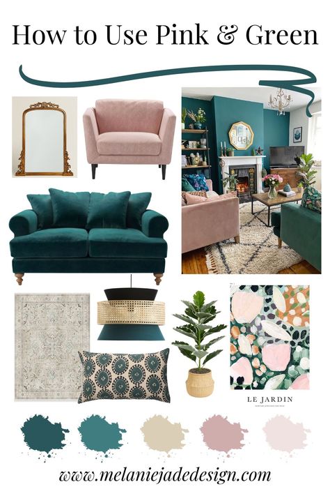 How to use pink and green in interior design mood board Green And Pink Lounge Ideas, Green And Pink Living Room Color Scheme, Green Sofa Pink Walls, Green And Pink Living Room Ideas, Pink And Green Living Room Decor, Emerald Green Sofa Living Room Ideas, Green Pink Living Room, Pink Green Room, Green And Pink Living Room