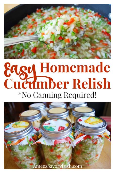 This homemade cucumber relish made with peppers, onions, vinegar and spices doesn't require canning, so it's easy to make and makes the perfect topper or side dish. Onions Vinegar, Appetizer Night, Cucumber Relish Recipes, Pickle Relish Recipe, Cucumber Relish, Amazing Salads, Canning Kitchen, Pickle Recipes, Cucumber Salsa