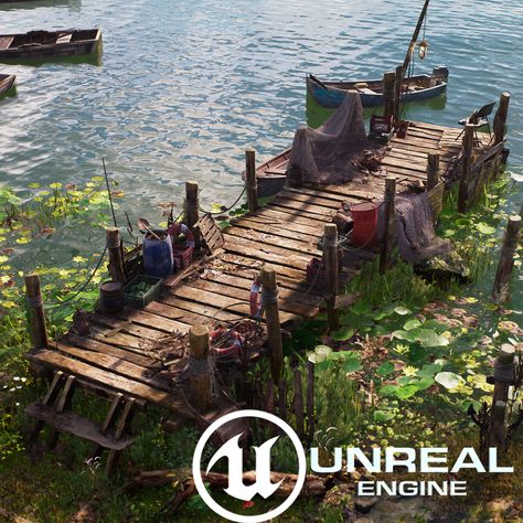 Unreal Engine Environment Art, Unreal Engine Art, Docks Concept Art, Dock Concept Art, Medieval Cabin, Dock Aesthetic, Unreal Engine Environment, Game Environment Concept Art, Minecraft Landscape