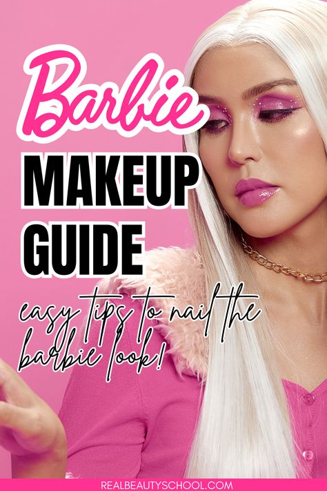 woman with pink barbie makeup look Malibu Barbie Makeup Look, Zombie Barbie Makeup, Black Barbie Makeup Look, Pink Barbie Makeup Look, Barbie Glam Makeup, Barbie Makeup Ideas, Barbie Eye Makeup, Pink Barbie Makeup, Barbie Eyeshadow