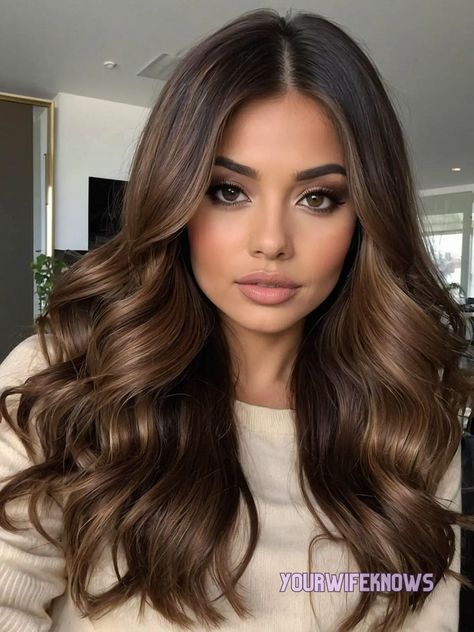 27 Stunning Hair Color Ideas to Electrify Your Summer 2024 Look Olive Skin Brunette Hair, Classic Brunette Hair, Balayage Olive Skin Tone, Call Hair Color Ideas For Brunettes, Hair Color For Dark Brown Eyes, Expensive Brunette Hair Color 2024, Brown Eye Hair Color Ideas, Hispanic Hair Color Ideas, Brown Hair 2024