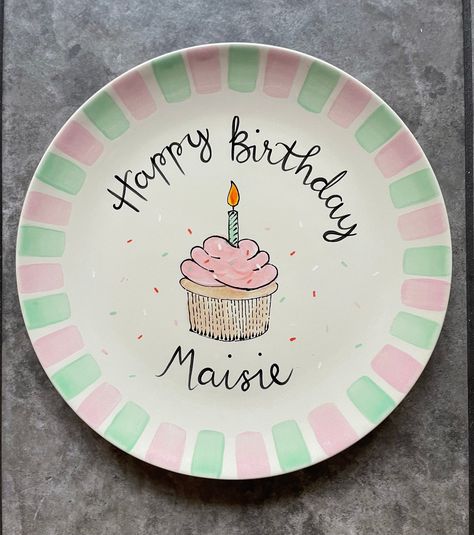 Happy Birthday Plate Personalised Plate Hand-painted Plate celebration Plate Birthday Plate Party Plate Cake Plate - Etsy 1st Birthday Plate Diy, First Birthday Plate Ideas, Diy Happy Birthday Plate, Birthday Plate Design, Birthday Plate Painting Ideas, Birthday Plate Girl, Birthday Plate Ideas Ceramic, First Birthday Plate Diy, Diy Birthday Plate Kids