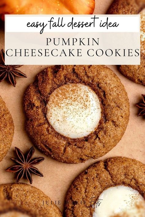 When it comes to the perfect fall dessert idea, these thumbprint cookies made with pumpkin spice and cheesecake filling are a delicious fall treat. They are delicious Thanksgiving desserts as well as an easy pumpkin cookie idea. Follow Julie Marie Eats for more cookie recipes and pumpkin recipes. Pumpkin Thumbprint Cookies, Julie Marie Eats, Cheesecake Thumbprint Cookies, Best Pumpkin Cheesecake, Pumpkin Spice Cookie Recipe, Delicious Thanksgiving Desserts, Pumpkin Cheesecake Cookies, Pumpkin Cookies Easy, Cookies Pumpkin