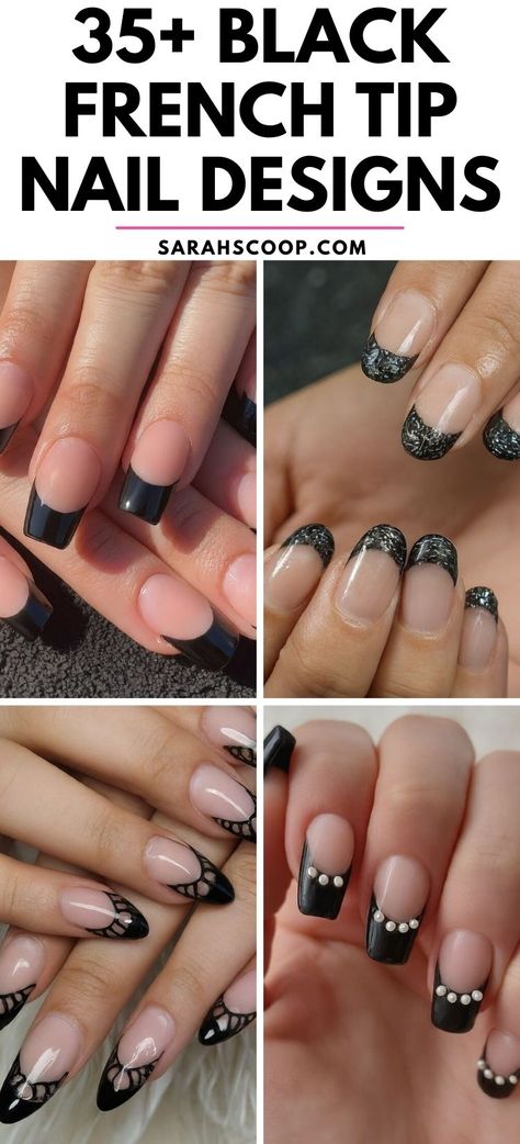 Ombré French Tip Black, Black Reverse French Tip Nails, Black And White Tip Acrylic Nails, Black French Tip Nails With Accent Nail, Nails Acrylic Square Short French Tip, Black Tie Nail Designs, Black Tip Dip Nails, Black And Chrome French Tip Nails, Black And Silver French Nails