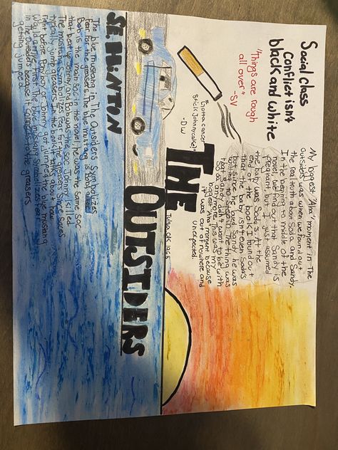 Oil pastels, colored pencils, and ShArPiE One Pagers Aesthetic, All About Me One Pager Ideas, The Outsiders Project, One Pager Examples Aesthetic, The Outsiders One Pager, Science One Pager, One Pager Ideas, One Pagers, Love Book Quotes