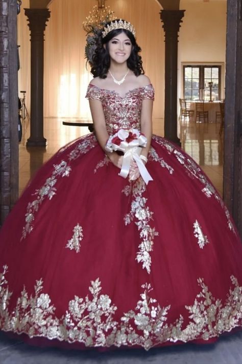 Red With Gold Quinceanera Dresses, Quiencera Dresses Red And Gold, Burgundy Quince Dress, Quince Dresses Red And Gold Mexican, Red And Gold Quince Dress Charro, Burgundy Quince Dresses, Burgundy Quince, Red Dress Quince Doll, Burgundy Quinceanera