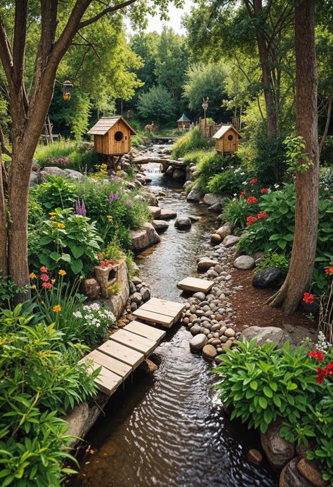 Nature Furniture Design Inspiration, Pnw Landscaping, Backyard Streams, Garden Sitting Area, Wooded Backyard Landscape, Homestead Inspiration, Stream Elements, Stream Landscape, Backyard Stream