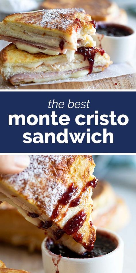 This is the ultimate make at home Monte Cristo Sandwich - with turkey, ham and cheese in a sandwich that is cooked French toast style. If desired, serve with powdered sugar and raspberry jam. It’s a sweet and savory combo that will convert even a skeptic! #sandwich #montecristo #ham #turkey Best Monte Cristo Sandwich Recipe, Monte Cristo Sandwich Recipe, Resep Sandwich, Food Sandwiches, Monte Cristo Sandwich, Best Sandwich Recipes, Turkey Ham, Sandwich Bar, Ham Sandwiches