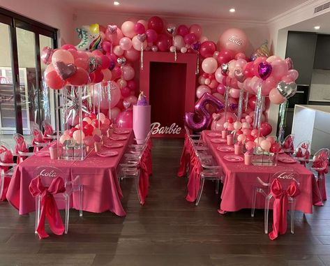 Lola’s Barbie World | CatchMyParty.com Barbie Birthday Party Grown Up, Barbie Doll Theme Birthday Party, Barbie Birthday Treat Table, Pink Barbie Theme Party, Barbie Birthday Party Theme Sweet 16, Barbie World Birthday Party, Barbie Party Theme Decoration, Barbie Themed Quince, Barbie Party For Women