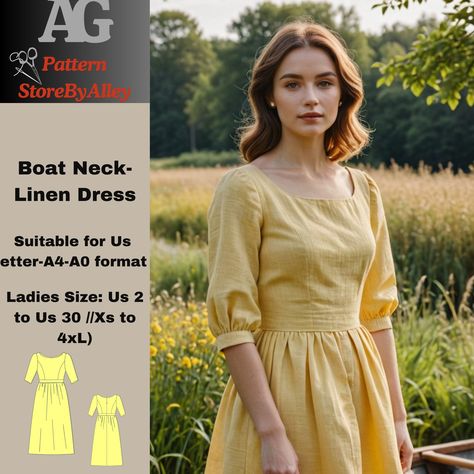 Boat neck linen dress,Sewing pattern,Dress Pattern,dress,Gathered Dress, midi flare skirt,summer Dress, Suitable for Us letter-A4-A0 format Our illustrated sewing guide breaks down each step, ensuring a hassle-free crafting experience, perfect for beginners.  Available in US sizes 2 through 30 and standard sizes XS through 4XL/5XL, these templates fit A4, A0, and US Letter size paper.  Once you complete your purchase, you'll instantly receive download links for the pattern files. Please note tha 2 Yard Dress Pattern, A Line Dress Pattern Free, Robe Pattern Free Sewing, Linen Dress Pattern Free, Linen Dress Sewing, Diy Linen Dress, Free Dress Sewing Patterns, Yoke Dress Pattern, Modest Dress Patterns