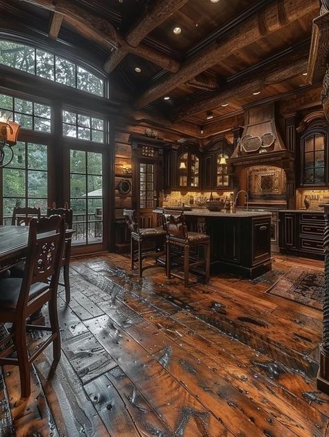 Attractive Log Cabins Gothic Log Cabin, Dark Wood Cabin, Rustic Floors, Log Cabin Mansions, Aesthetic Cabin, Barndo Ideas, Cabin Homes Interior, Large Cabin, Cabin Mansion