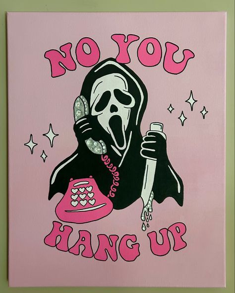 Pink Spooky Painting, Scream Painting Canvas, Pink Scream Painting, Pink Ghostface Painting, No You Hang Up Scream Painting, Spooky Szn Painting, Scream Halloween Painting, Scream Wallpapers Aesthetic Pink, Halloween Paintings On Canvas Aesthetic