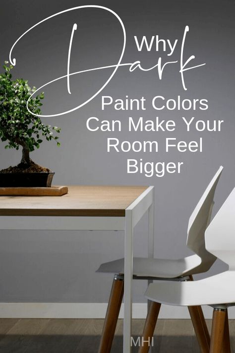 It’s true that dark colors can recede and light colors can expand but, there are a few tricks that actually make a small room feel bigger with paint. Here’s a few things to keep in mind that really helped Sandy embrace her bold wall color choice... #darkwalls  #darkwallpaint #smallroompaint #paintcolorsarehardtochoose #moodyinteriors  #darkinteriors Dark Colours Small Rooms, Best Colour For Small Living Room Wall Colors, Accent Wall Colors To Make Room Look Bigger, Bold Paint Colors For Small Rooms, Painting Small Rooms Dark Colors, Small Dining Room Dark Walls, Paint To Make Room Look Bigger, Bedroom Paint Colors Dark, Small Room Paint Color