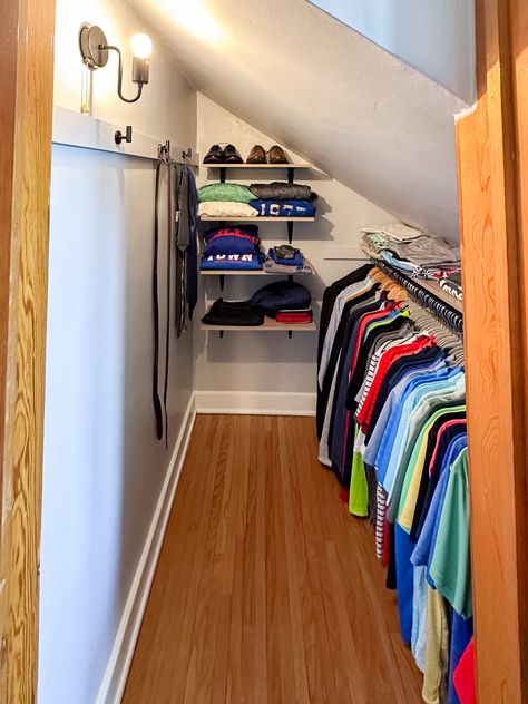 How to Maximize a Sloped Ceiling Closet - Britt and Ivy Design Slanted Wall Storage, Slanted Closet Ideas, Attic Closet Ideas Angled Ceilings, Slanted Wall Closet, Closet With Slanted Ceiling, Slanted Ceiling Closet, Sloped Ceiling Closet, Attic Closet Ideas, Slanted Ceiling Bedroom