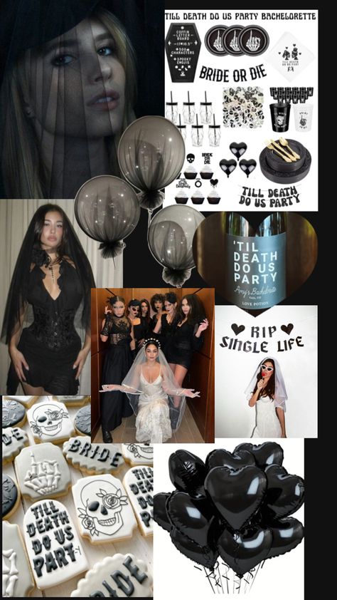 Hen party theme Dark Bachelorette Party Themes, Black Veil Bachelorette, Heavy Metal Bachelorette Party, Rip Single Life Bachelorette Theme, Heavy Metal Theme Party, Witch Hen Party, Hen Night Party Theme, Rip Single Life Party, Halloween Hen Do