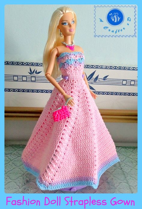 Crochet Barbie Clothes Free, Barbie Crochet Gown, Crochet Barbie Patterns, Crochet Doll Clothes Free Pattern, Barbie Dress Pattern, Crocheted Dress, Crochet Barbie, Barbie Doll Clothing Patterns, Moda Emo