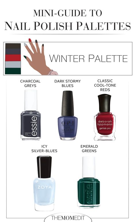 CHIC & SUBTLE RAINBOW NAILS: AN AT-HOME MANICURE IN FALL & WINTER COLORS | We're giving our at-home manicures a special je ne sais quoi. Nails in fall & winter rainbow colors — Here's all the polish for 2 chic, subtle palettes. | #TheMomEditStyle #NailPolishColors2020 #EssieNailColor #GoodNailPolishBrands #RainbowNailPolish #NailColors2020 #BestFallNailColors2020 #2020FallNailColors #BestAtHomeManicure #ChristmasManicureIdeas Cool Winter Nail Polish, True Winter Nail Polish, Nails For Deep Winter, Bright Winter Nail Polish, Hoc Sultry Winter, Nail Colors For Deep Winter, Cool Winter Color Palette Nails, House Of Colour Winter Nails, Winter Nail Palette