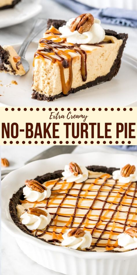 Turtle Pie Recipe, Turtle Pie, Caramel Pecans, Turtle Cheesecake Recipes, Creamy Pie, Baked Caramel, Turtle Cheesecake, Caramel Filling, Oreo Cookie Crust