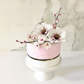 Colour Blocking with Spring Sugar Flowers by Tammy Iacomella Flori Fondant, Cherry Blossom Cake, Cake Decorating Flowers, Sugar Flowers Cake, Single Tier Cake, Fondant Flower Cake, New Birthday Cake, Cake With Flowers, Cake Decorating With Fondant