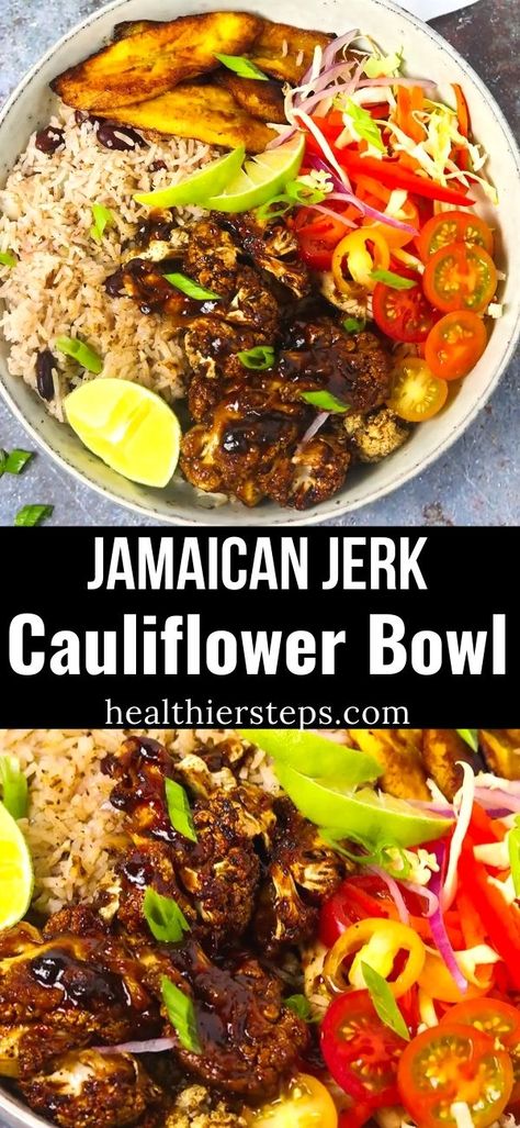 Jerk Cauliflower, Cauliflower Bowl, Zucchini Keto, Jamaican Rice And Peas, Cauliflower Baked, Baked Plantains, Jamaican Rice, Vegan Soul Food, Shredded Cabbage