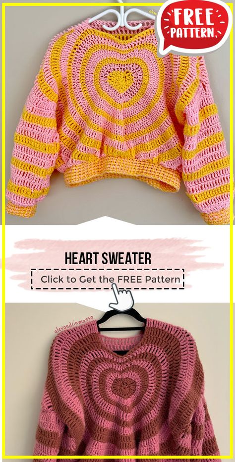 crochet Heart Sweater free pattern - FREE Crochet Sweater Pattern for Beginners. Click to Get the Pattern #Sweater #crochetpattern #crochet via @shareapattern.com Heart Sweater Crochet Pattern Free, Crochet Heart Jumper, Crochet Pattern Free Sweater, Crochet Free Patterns Top, Heart Sweater Crochet Pattern, Jumper Crochet Pattern Free, Crochet Clothing Free Pattern, Crochet Heart Sweater Pattern Free, Cute Crochet Ideas Free Pattern