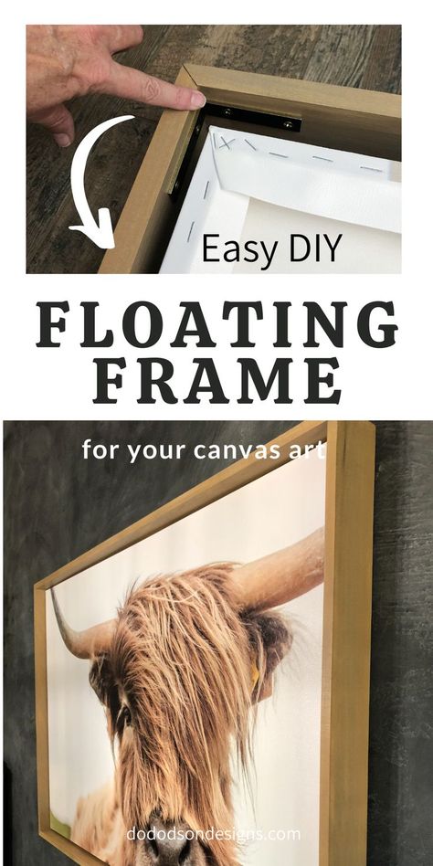 Floating frames are a beautiful way to finish canvas art or photos, but they're so expensive.  Learn how to DIY a floating frame for a fraction of the cost. Canvas With Wood Frame, Frame Around Canvas Diy, Canvas Pictures Diy, Floating Frames Diy, Wood Framed Canvas, Canvas Floating Frame Diy, Diy Framed Canvas Art, Diy Photo On Canvas, How To Build Frames For Canvas