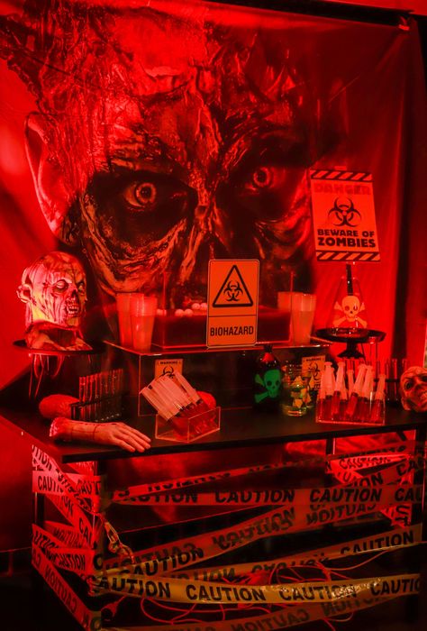 Zombie bar setupBirthday party @amy_isha_hembrow StylingCo-ordinationProps @nextevent.com.au Dessertscakegrazing table @theremustbecake Balloons @lovenwishesstyledevents Signage @veryflamingo.com.au LightingSpecial effects @prestigegroupau goldcoast gc goldcoastevents horror horrorparty styling goldcoaststyling brisbane brisbanestyling event specialevent eventplanning Horror Theme Decoration, Red Halloween Decorations, Horror Themed Birthday Party Decorations, Creepy Restaurant, Halloween Party Aesthetic Grunge, Basement Halloween Party, Horror Party Ideas, Horror Movie Birthday Party, Halloween Party Table Setup