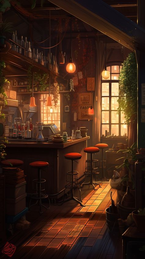 Coffee Shop Room Aesthetic, Coffee Shop Art Drawing, Ghibli Coffee Shop, Ambient Painting, Lofi Coffee Shop, Wallpaper Coffee Shop, Coffee Shop Painting, Lofi Coffee, Coffee Shop Drawing