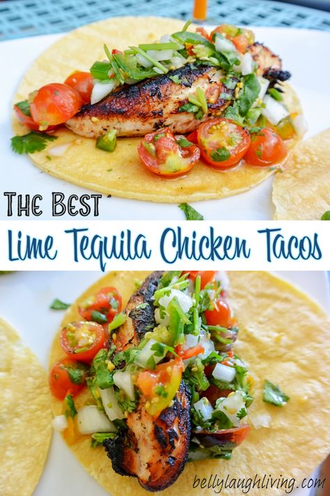 Grilled lime tequila chicken topped with fresh salsa and served on a corn tortilla Tequila Chicken, Tequila Lime Chicken, Chicken Tacos Recipe, Chicken Tacos Easy, Chicken Taco Recipes, Mexico Food, Best Chicken Recipes, Taco Recipes, Chicken Tacos