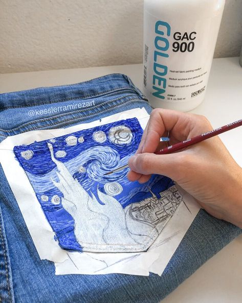 Denim Painting 101: How to Use Fabric Medium | Kessler Ramirez Art & Travel Jean Diy, Diy Summer Clothes, Painting Videos Tutorials, Painted Shorts, Painted Clothes Diy, Starry Night Painting, Diy Jeans, Denim Art, Painted Denim Jacket