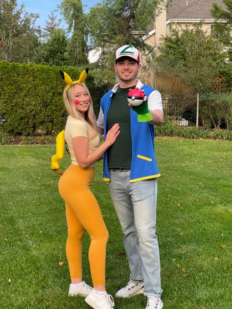 Check out my YouTube video on how to make these Pokémon costumes! #pokemon #diycostume #halloweencostumeideas Plus Size Pokemon Costume, Cute Pokemon Costumes, Couple Halloween Costumes Dragon Ball Z, Couple Costumes Pokemon, Couple Pokemon Costumes, Family Pokemon Costumes Halloween, Pokemon Group Costume, Pokemon Couples Costume, Family Pokemon Costumes