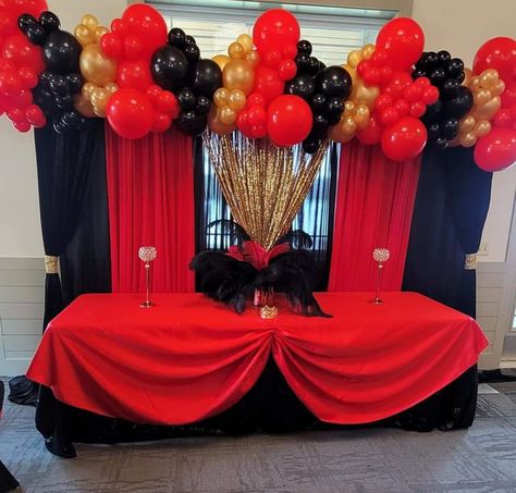 Red Black And Gold Masquerade Centerpieces, Gold Red Black Party, Red Black And Gold Centerpieces Diy, 30th Birthday Ideas For Men Black And Red, Masquerade Party Decorations Red, Red Black And Gold Balloon Garland, Red Black And Gold Backdrop Ideas, Red Gold Party Decorations, Black And Red Graduation Party Ideas