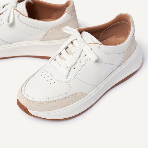 Uplift almost any outfit with our classic flatform trainers. These refined staples fuse a sporty sneaker aesthetic with the contemporary cool of a chunky (yet lightweight) sole. Clean. Modern. This version crafted in smooth high-quality leather, boasting heel/toe suede accents and panel detailing. With breathability holes at the front and padding throughout (thicker where you need it most on the tongue and collar). On a flatform-version of our triple-density Microwobbleboard™ midsole – deliverin Sneaker Aesthetic, Happy Shoes, Sporty Sneakers, Clean Modern, Shoe Care, High Quality Leather, White Leather, Density, Textiles